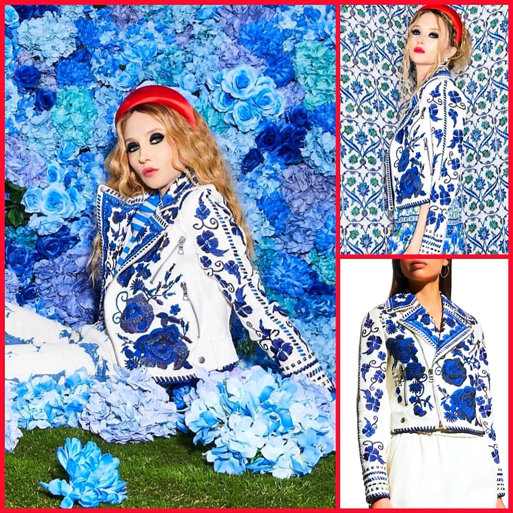 Alice + Olivia Cody Embroidered Floral Studded Embellished Leather Moto Jacket - Picture 5 of 17